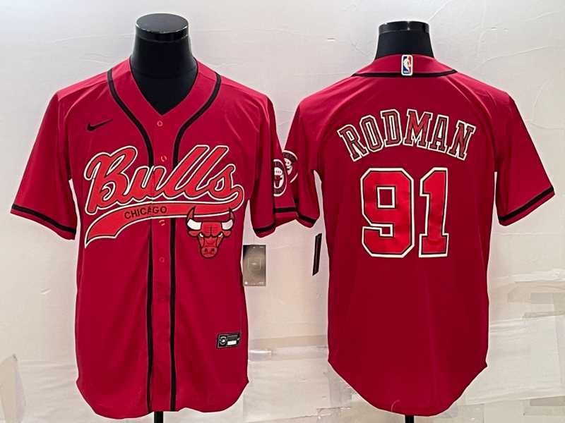 Mens Chicago Bulls #91 Dennis Rodman Red With Patch Cool Base Stitched Baseball Jersey